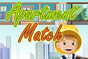 만화 스타일의 어린 소년과 아파트 건물 배경, Apartment Match라는 텍스트가 있는 이미지