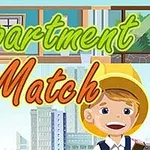 만화 스타일의 어린 소년과 아파트 건물 배경, Apartment Match라는 텍스트가 있는 이미지