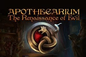 어두운 배경에 뱀 문양의 금속 방패 이미지와 APOTHECARIUM The Renaissance of Evil이라는 텍스트가 있는 장면