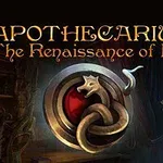 어두운 배경에 뱀 문양의 금속 방패 이미지와 APOTHECARIUM The Renaissance of Evil이라는 텍스트가 있는 장면