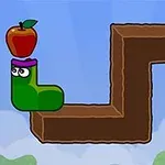 녹색 캐릭터가 머리에 사과를 얹고 갈색 길 위에 있는 이미지