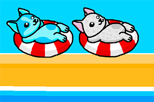 두 마리의 강아지가 빨간색과 흰색 튜브에 누워 있는 장면