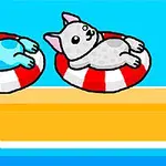 두 마리의 강아지가 빨간색과 흰색 튜브에 누워 있는 장면