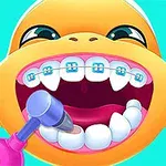 노란색 캐릭터가 치과 도구로 치아를 치료받고 있는 장면입니다