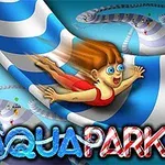 파란색과 흰색 줄무늬 워터 슬라이드를 타고 있는 만화 스타일의 사람과 AQUAPARK