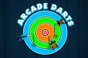 파란색 배경에 있는 타겟 중앙과 그 주변에 세 개의 다트가 꽂혀 있으며, 타겟 위에 ARCADE DARTS라는 텍스트가 적혀 있다