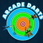 파란색 배경에 있는 타겟 중앙과 그 주변에 세 개의 다트가 꽂혀 있으며, 타겟 위에 ARCADE DARTS라는 텍스트가 적혀 있다