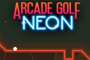 ARCade GOlf NEON이라는 네온 사인 아래 흰 공과 빨간 선이 있는 이미지