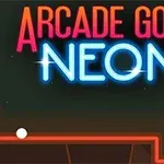 ARCade GOlf NEON이라는 네온 사인 아래 흰 공과 빨간 선이 있는 이미지