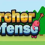 화살과 양궁 캐릭터가 있는 Archer Defense 텍스트, 배경에 숲