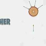 회전하는 나무 조각에 화살이 박혀 있고, 화면 왼쪽에는 ARCHER라는 글자가 있는 이미지