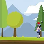 애니메이션 스타일의 숲 배경에서 활을 쏘는 남자와 머리 위에 사과를 올린 남자가 정면으로 마주 보고 있다