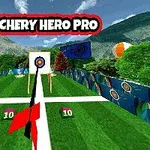 양쪽에 나무가 있는 초록색 활쏘기 경기장과 가운데 과녁을 겨냥하고 있는 화살