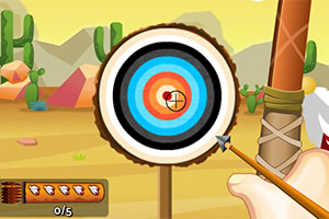 활과 화살이 과녁을 겨냥하고 있는 사막 배경의 일러스트 이미지