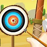 활과 화살이 과녁을 겨냥하고 있는 사막 배경의 일러스트 이미지