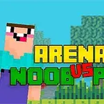 픽셀 그래픽 캐릭터 두 명과 ARENA: NOOB VS PRO라는 텍스트가 있는 이미지
