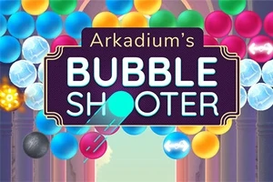 알록달록한 색상의 거품이 가득한 화면 중앙에 Arkadiums Bubble Shooter라는 글자가 있는 이미지