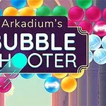 알록달록한 색상의 거품이 가득한 화면 중앙에 Arkadiums Bubble Shooter라는 글자가 있는 이미지