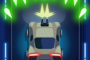 차량이 총을 장착하고 위쪽으로 화살표 같은 물체가 있는 어두운 배경 위로 움직이고 있습니다