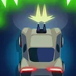 차량이 총을 장착하고 위쪽으로 화살표 같은 물체가 있는 어두운 배경 위로 움직이고 있습니다