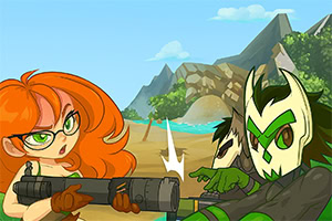 만화 스타일의 캐릭터가 해변에서 총을 들고 서로 대치하고 있는 장면