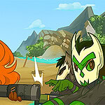 만화 스타일의 캐릭터가 해변에서 총을 들고 서로 대치하고 있는 장면