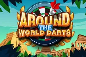 다트 보드 위에 AROUND THE WORLD DARTS라는 노란색 글씨가 중앙에 있고, 주변에 고대 건축물과 녹색 식물이 있는 배경