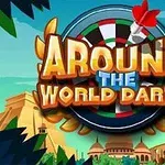 다트 보드 위에 AROUND THE WORLD DARTS라는 노란색 글씨가 중앙에 있고, 주변에 고대 건축물과 녹색 식물이 있는 배경