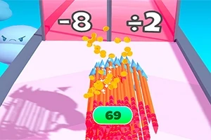 핑크색과 파란색 배경의 경로 위에 여러 개의 오렌지색 연필이 놓여 있고, 화면 상단에는 -8과 ÷2라는 숫자가 표시되어 있으며, 연필 위에 69라는 숫자가 보입니다