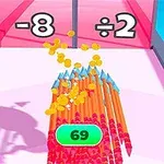 핑크색과 파란색 배경의 경로 위에 여러 개의 오렌지색 연필이 놓여 있고, 화면 상단에는 -8과 ÷2라는 숫자가 표시되어 있으며, 연필 위에 69라는 숫자가 보입니다