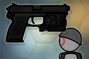 검정 권총과 헬멧을 쓴 회색 스틱맨이 있는 그림