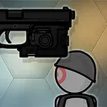 검정 권총과 헬멧을 쓴 회색 스틱맨이 있는 그림