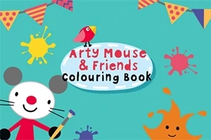 쥐 캐릭터가 붓을 들고 있고, 화면 중앙에 Arty Mouse & Friends Colouring Book이라는 글자와 다양한 색의 깃발과 페인트 얼룩이 있는 그림