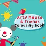 쥐 캐릭터가 붓을 들고 있고, 화면 중앙에 Arty Mouse & Friends Colouring Book이라는 글자와 다양한 색의 깃발과 페인트 얼룩이 있는 그림