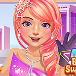 핑크 머리와 화려한 드레스를 입은 여성 캐릭터가 보석과 별 장식을 착용하고 있는 이미지