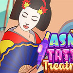 기모노를 입고 부채를 든 여성의 일러스트와 ASMR Tattoo Treatment라는 글자가 있는 이미지