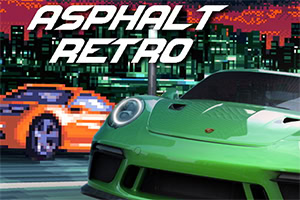녹색 스포츠카와 픽셀 아트 스타일의 주황색 차가 도시의 야경을 배경으로 하고 있으며, 상단에 ASPHALT RETRO 라는 글자가 있다