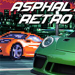 녹색 스포츠카와 픽셀 아트 스타일의 주황색 차가 도시의 야경을 배경으로 하고 있으며, 상단에 ASPHALT RETRO 라는 글자가 있다