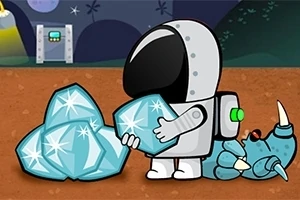 우주복을 입은 캐릭터가 큰 보석을 들고 있고 근처에 쓰러진 파란 외계 생물이 있는 장면