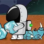 우주복을 입은 캐릭터가 큰 보석을 들고 있고 근처에 쓰러진 파란 외계 생물이 있는 장면