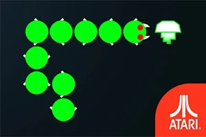 녹색 원으로 이루어진 뱀과 흰색 버섯 모양의 이미지, 오른쪽 아래에 빨간 배경의 아타리 로고