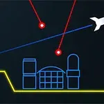 검은 배경에 하얀 비행기가 파란 선을 그리며 날아가고 있고, 빨간 점들이 아래 구조물과 이어져 있으며, 오른쪽 아래에 Atari 로고가 있음