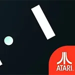 검은 배경에 흰색 직사각형 막대 두 개와 흰색 공이 있으며, 오른쪽 하단에 빨간색 바탕의 아타리 로고가 있다