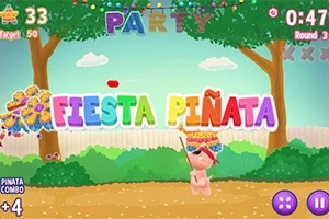 알록달록한 배경에 FIESTA PIÑATA라는 텍스트와 잔디밭에 있는 어린이가 피냐타를 치는 장면