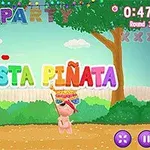 알록달록한 배경에 FIESTA PIÑATA라는 텍스트와 잔디밭에 있는 어린이가 피냐타를 치는 장면