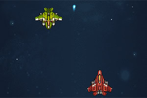 우주 공간을 배경으로 녹색 및 빨간색 우주선 두 대가 있는 장면