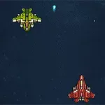 우주 공간을 배경으로 녹색 및 빨간색 우주선 두 대가 있는 장면