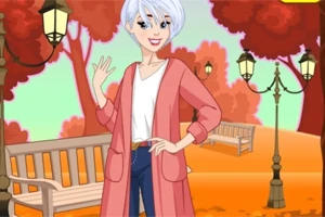 단풍나무와 가로등이 있는 공원에서 분홍색 외투를 입은 회색 머리의 만화 캐릭터가 손을 흔들고 있다