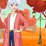 단풍나무와 가로등이 있는 공원에서 분홍색 외투를 입은 회색 머리의 만화 캐릭터가 손을 흔들고 있다