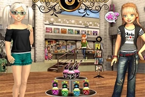 두 소녀가 있는 작은 상점의 내부 모습